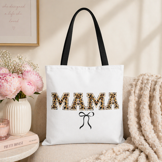 Mama Leopard Print Tote Bag with black bow