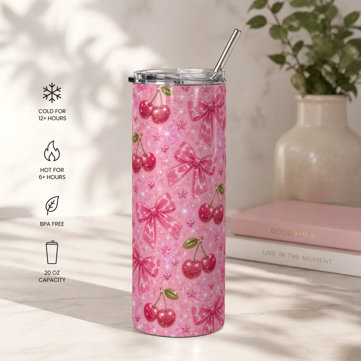 20oz Cherry Bow Stainless Steel Tumbler — Cherry and Bows Sparkle Cup with metal straw Printify