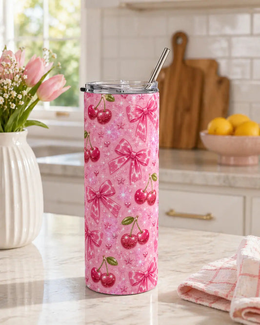 20oz Cherry Bow Stainless Steel Tumbler — Cherry and Bows Sparkle Cup with metal straw Printify