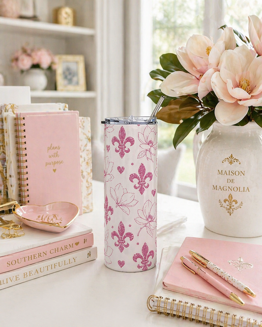 20oz Floral Fleur-de-Lis Stainless Steel Tumbler — Pink Magnolia Hearts Travel Cup