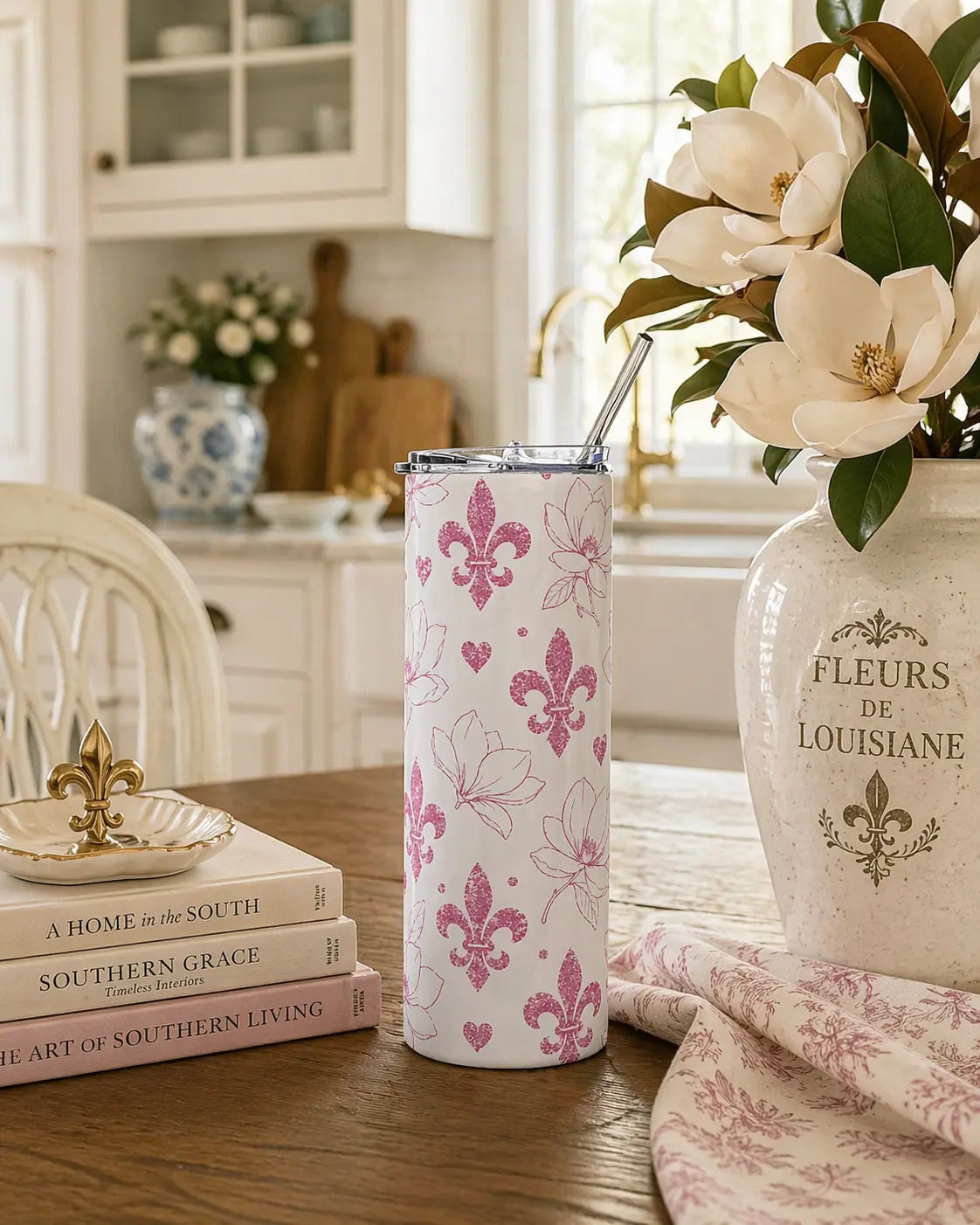 20oz Floral Fleur-de-Lis Stainless Steel Tumbler — Pink Magnolia Hearts Travel Cup Printify