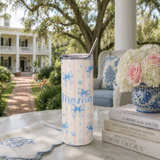 20oz Stainless Steel MAMA Tumbler | Pink stripes & Blue Bows