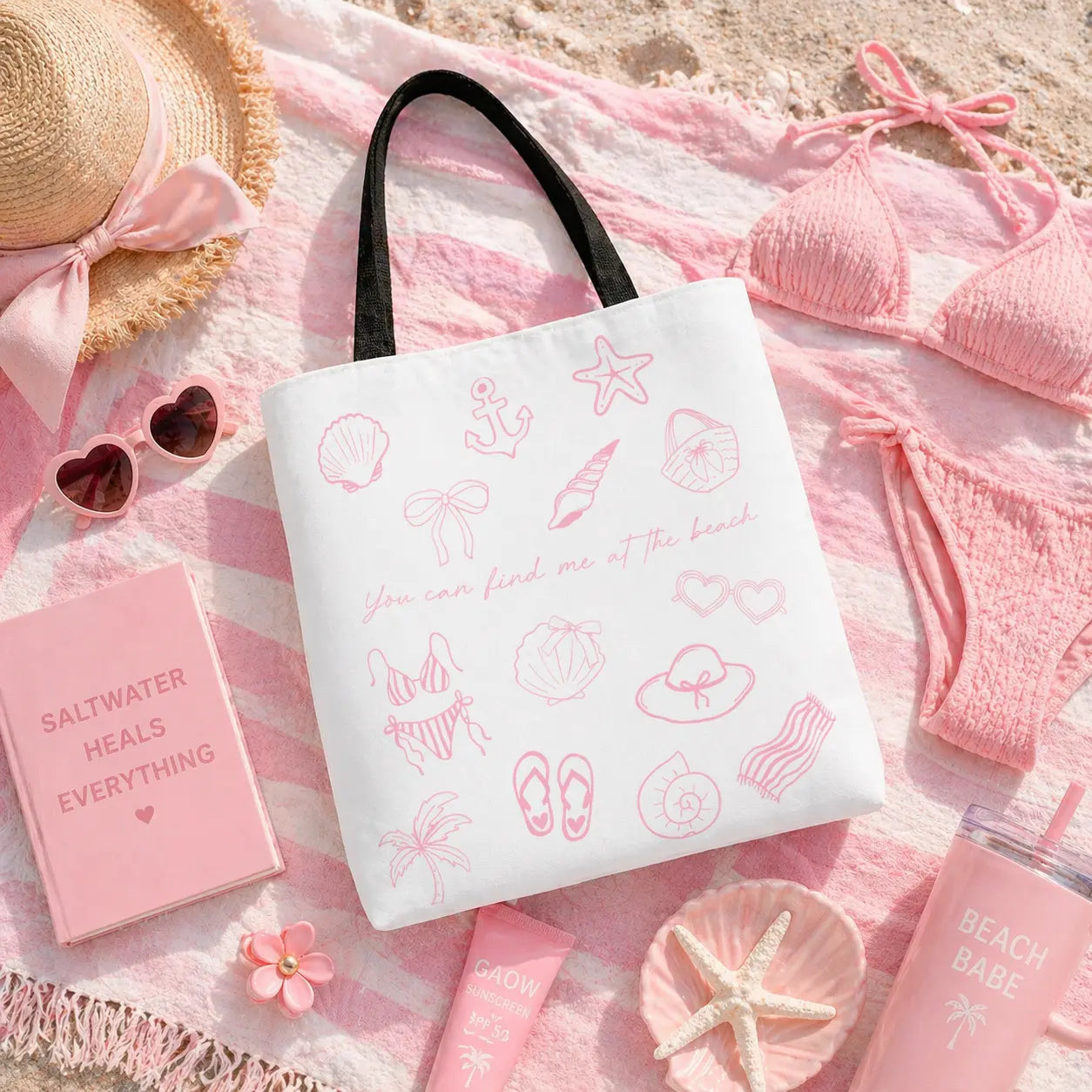 Beach Doodles Tote Bag – Pink Summer Icons AOP Printify