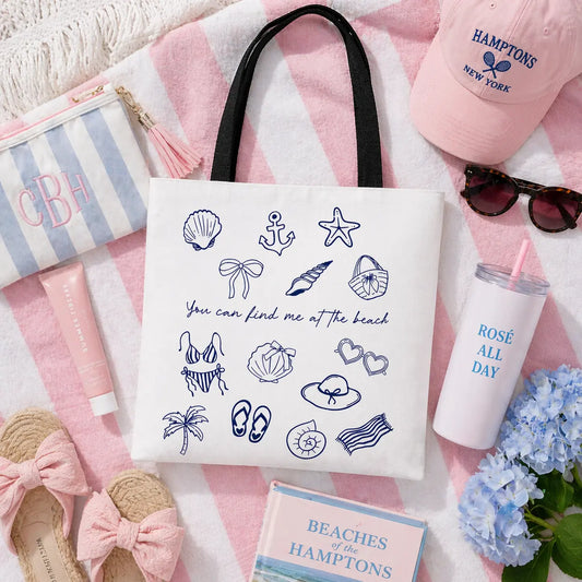 Beach Doodles Tote Bag — "You Can Find Me at the Beach" Canvas Tote Printify