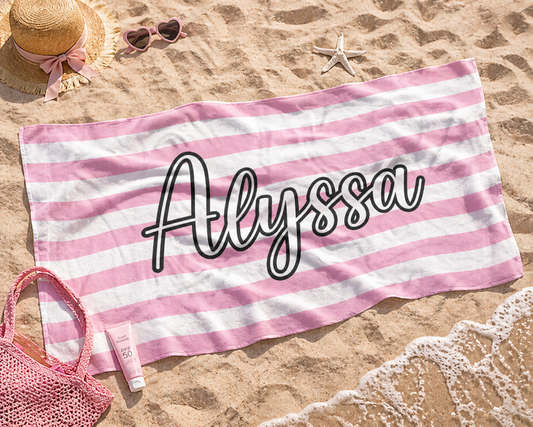 Personalized Pink Stripe Beach Towel | Custom Name Towel