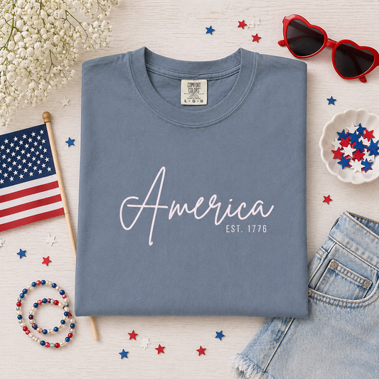 America EST. 1776 T-Shirt — Patriotic Script Tee for 4th of July