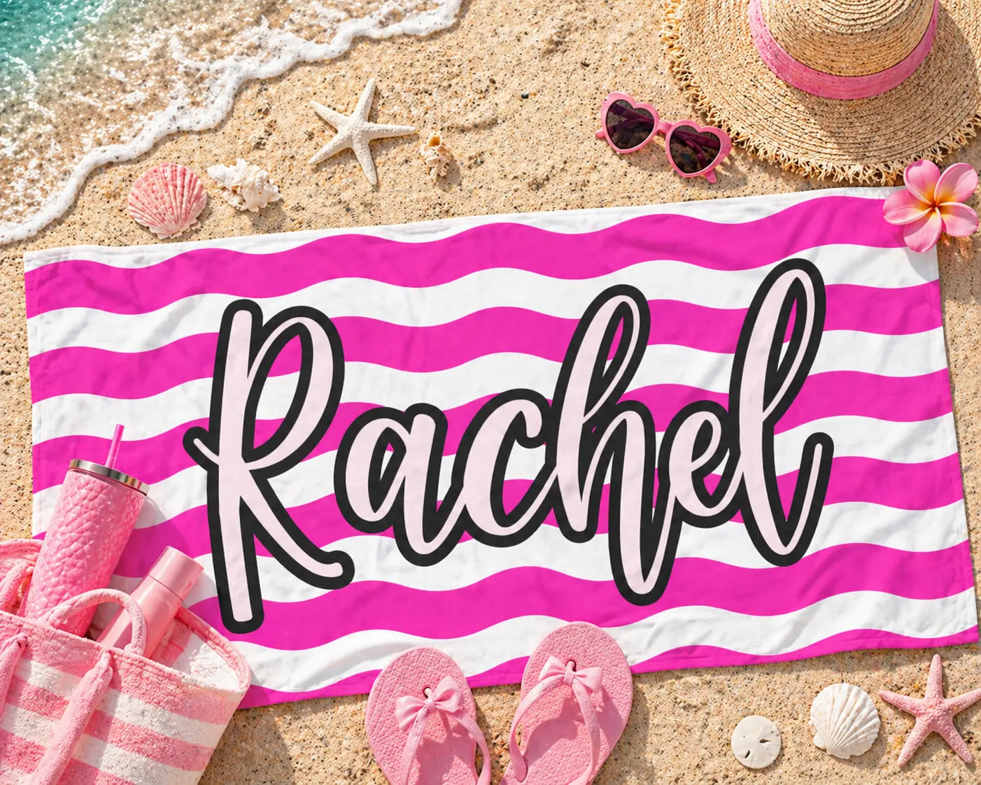 Personalized Pink Stripe Beach Towel – Custom Name Towel Printify
