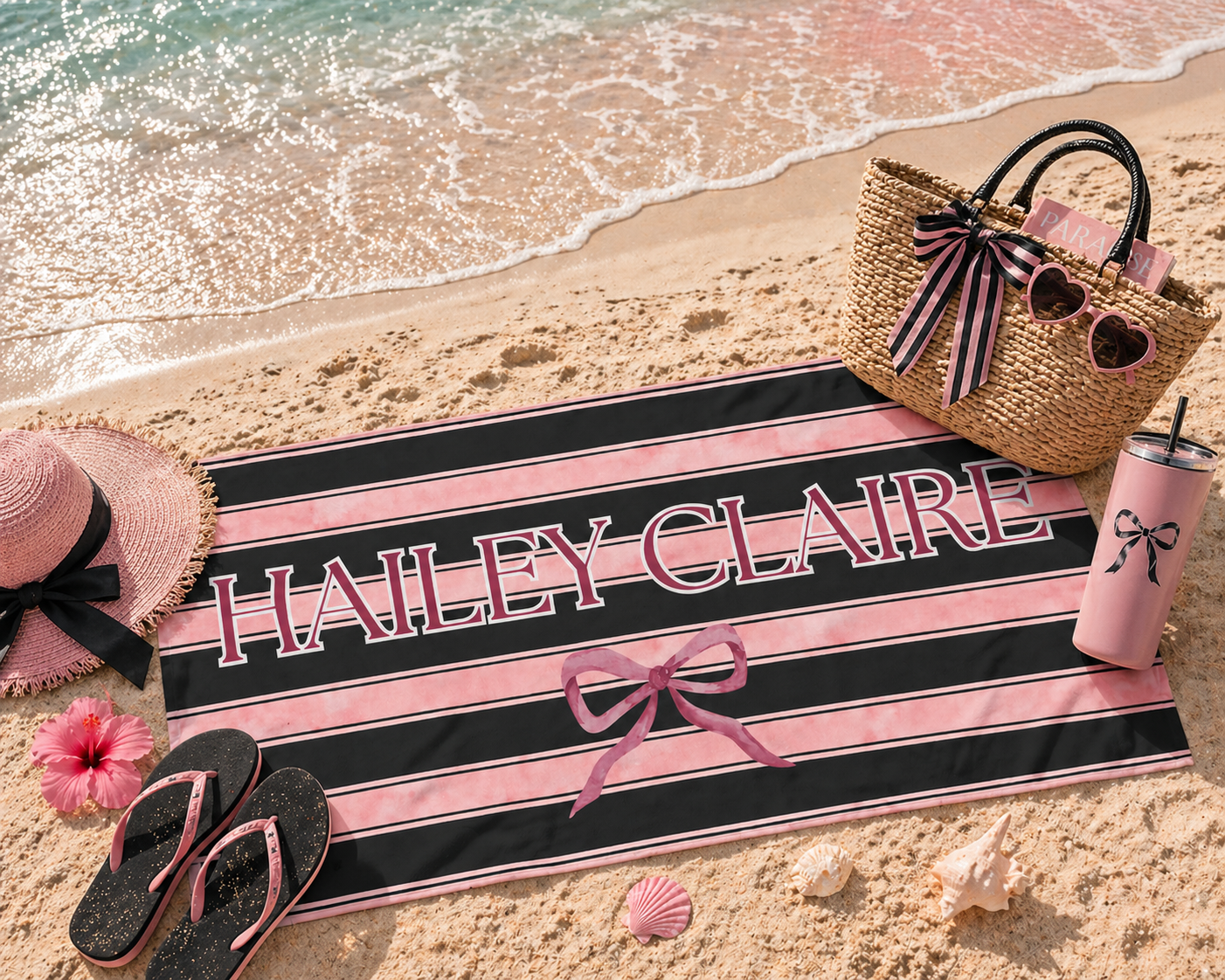 Personalized Striped Beach Towel — Pink & Black Name Towel with Bow