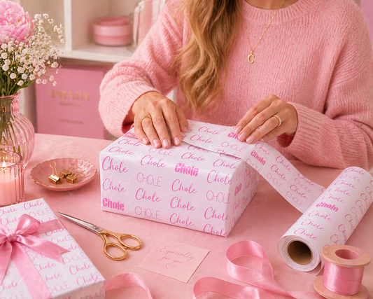 Birthday Gift Wrap Roll — Pink Script "Celebrate" Pattern