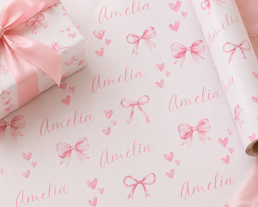 Pink bow Personalized Wrapping Paper | Custom Name gift wrap with Pink Bows and Hearts