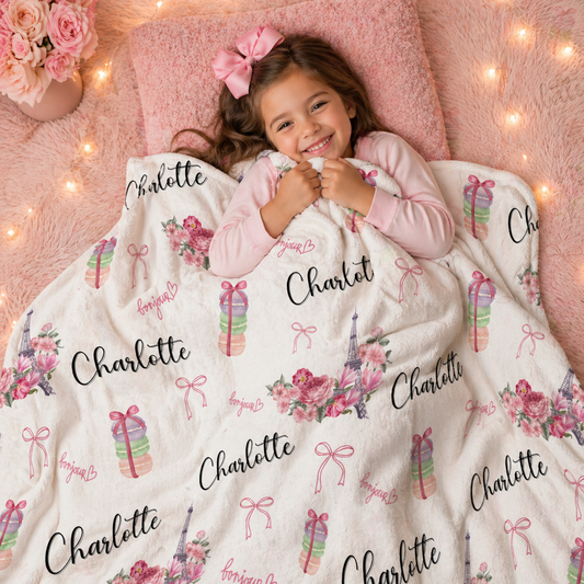 Personalized Paris Themed Plush Blanket — Custom Name Throw