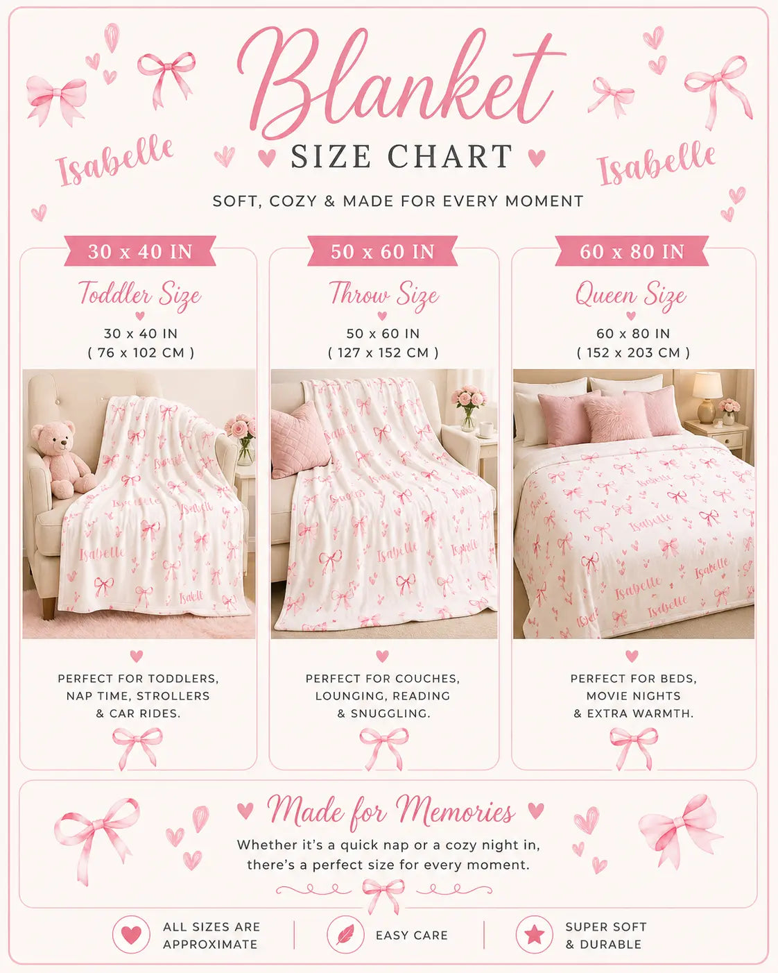 Personalized Pink Bow Blanket, Custom Name Swaddle, Monogrammed Infant Newborn Hospital Throw, Coquette Girl Nursery Decor, Baby Shower Gift Printify