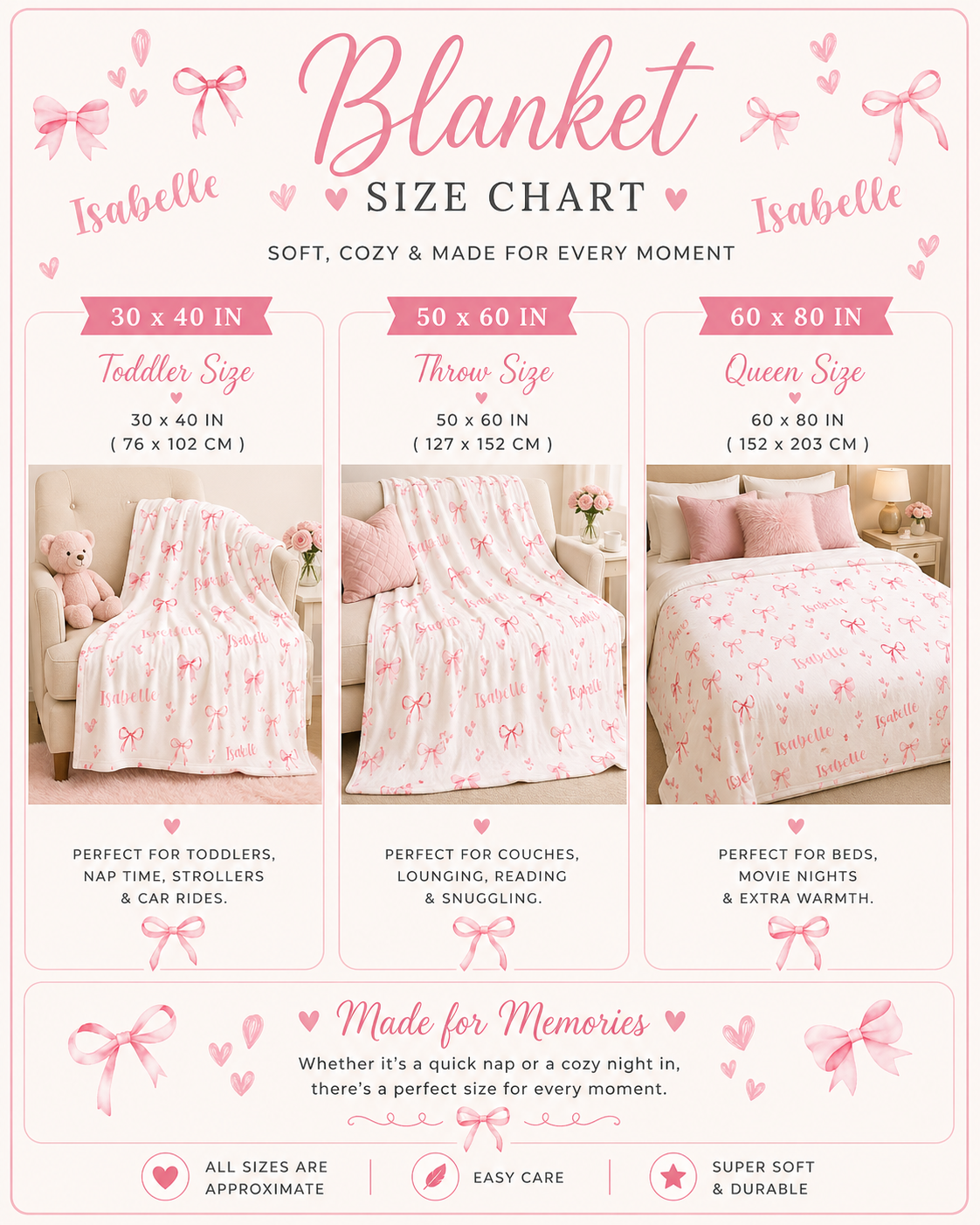 Personalized Pink Bow Blanket, Custom Name Swaddle, Monogrammed Infant Newborn Hospital Throw, Coquette Girl Nursery Decor, Baby Shower Gift
