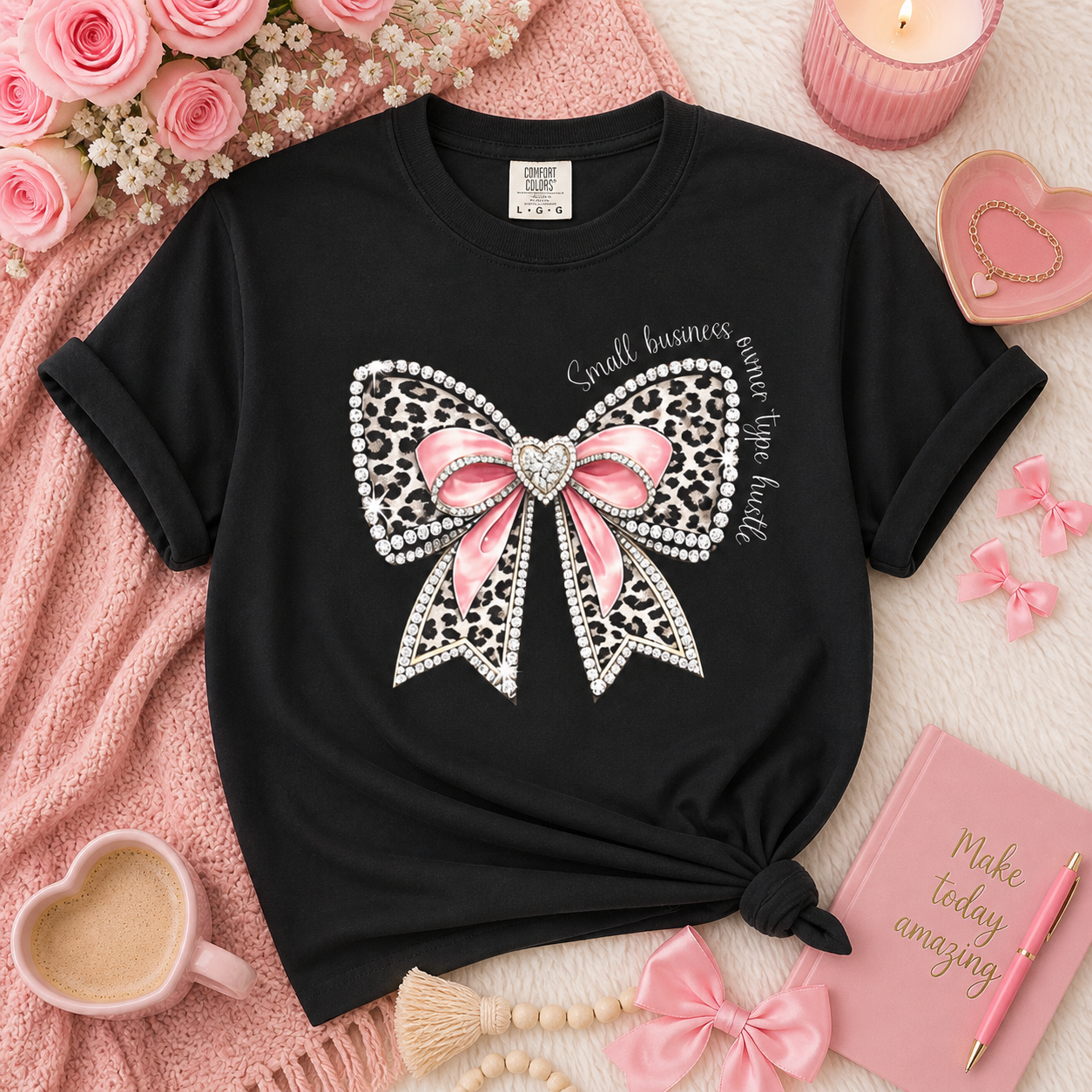 Bow Graphic for Small Business Owners T-Shirt — Leopard Print Pink Ribbon Small Business owner Type Hustle