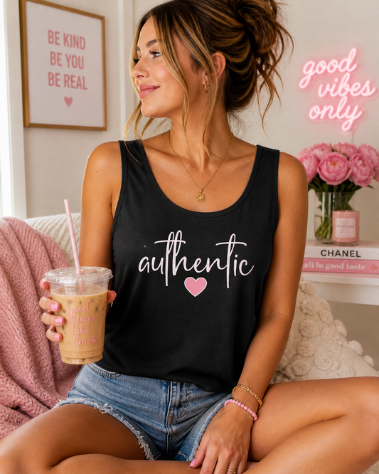 Authentic Heart Tank Top — Handwritten Script Graphic for Women