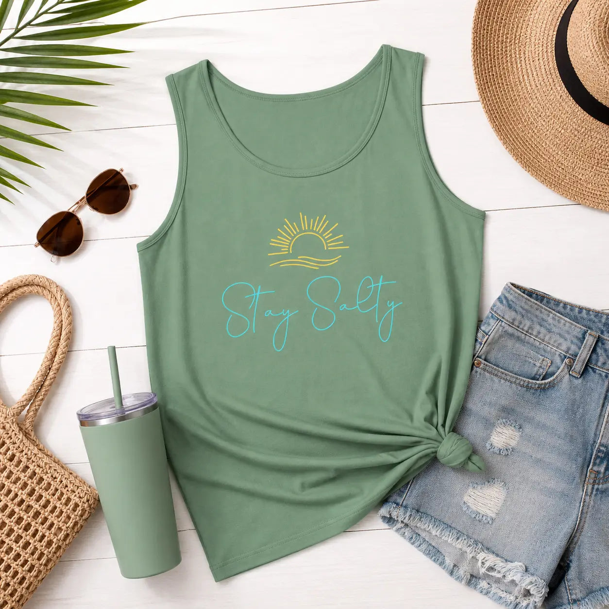 Stay Salty Tank Top — Beachy Sun Script Tank Printify