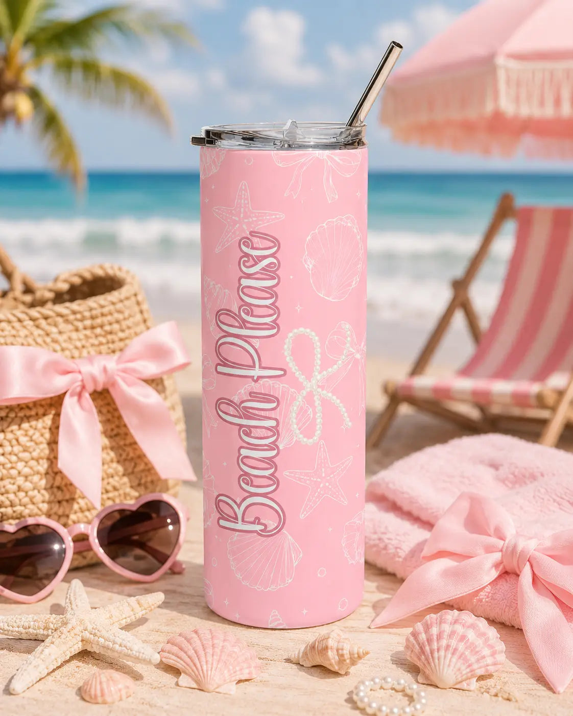 Pink Seashell 20oz Stainless Tumbler — Beach Please Skinny Tumbler Printify