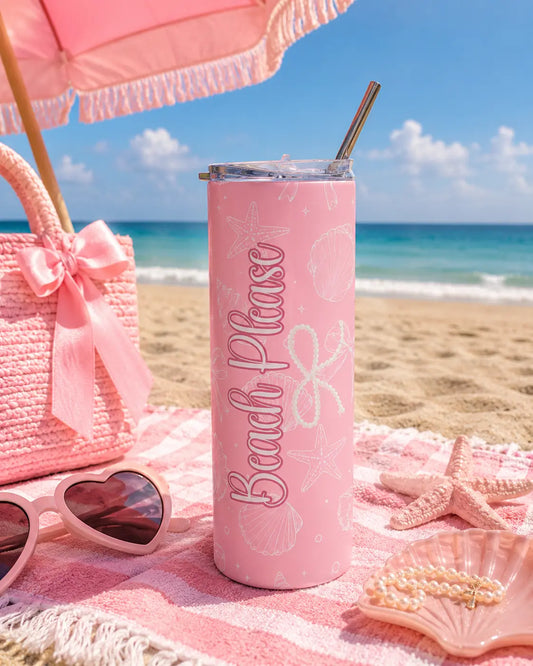 Pink Seashell 20oz Stainless Tumbler — Beach Please Skinny Tumbler Printify