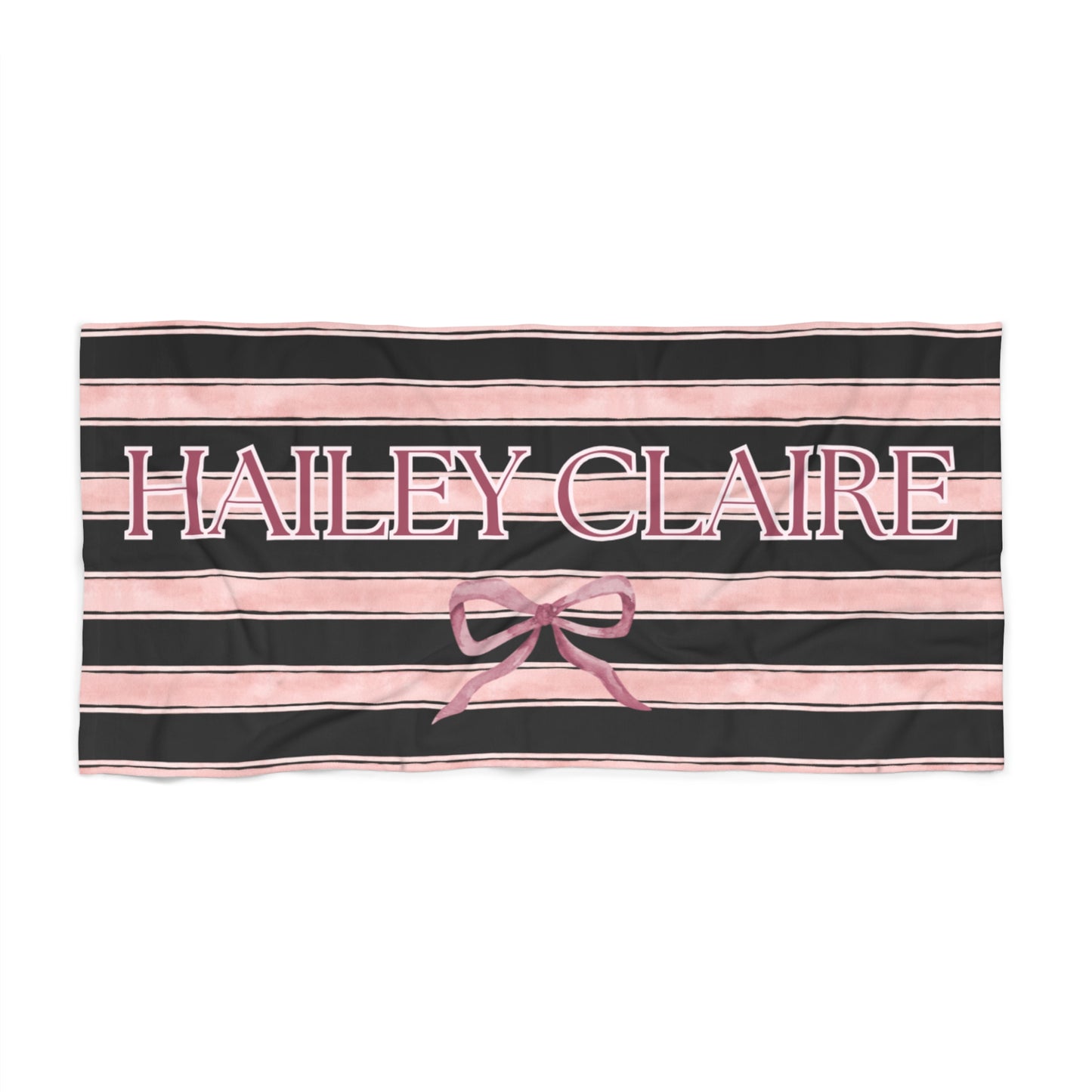 Personalized Striped Beach Towel — Pink & Black Name Towel with Bow