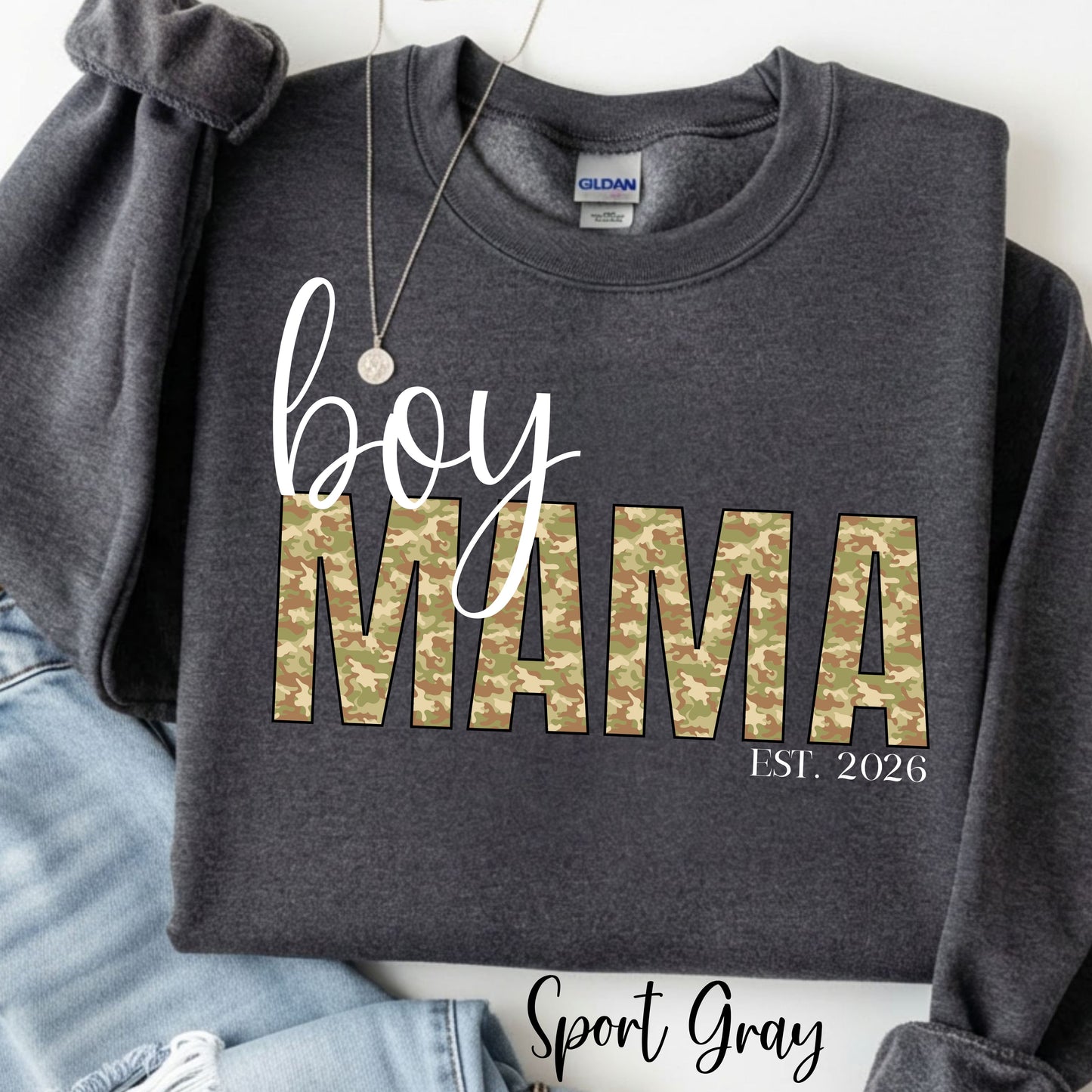 Boy Mama Sweatshirt — Camo Print "Boy MAMA" Crewneck for Moms