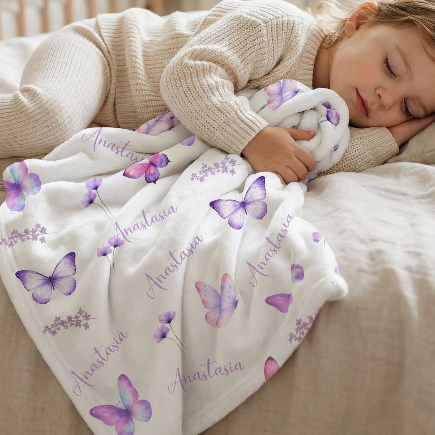 Personalized Purple Butterfly Name Blanket Printify