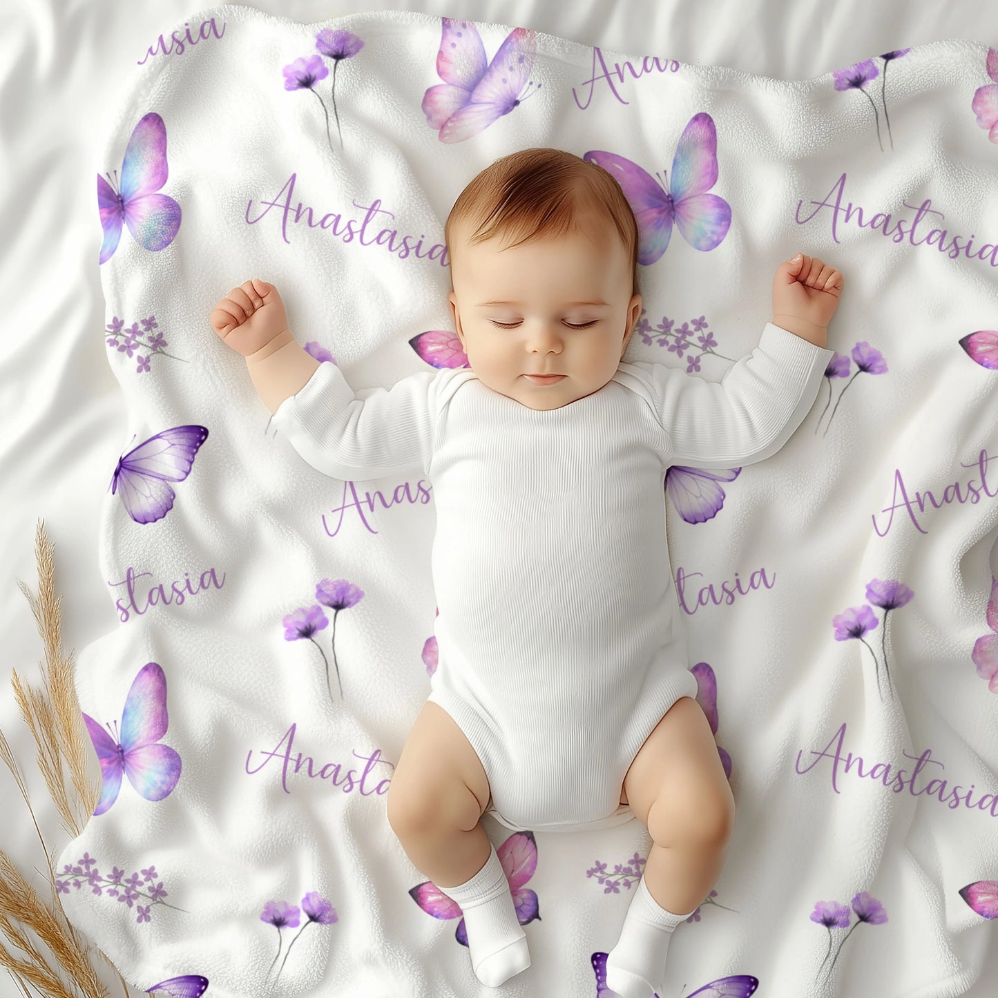 Personalized Purple Butterfly Name Blanket Printify