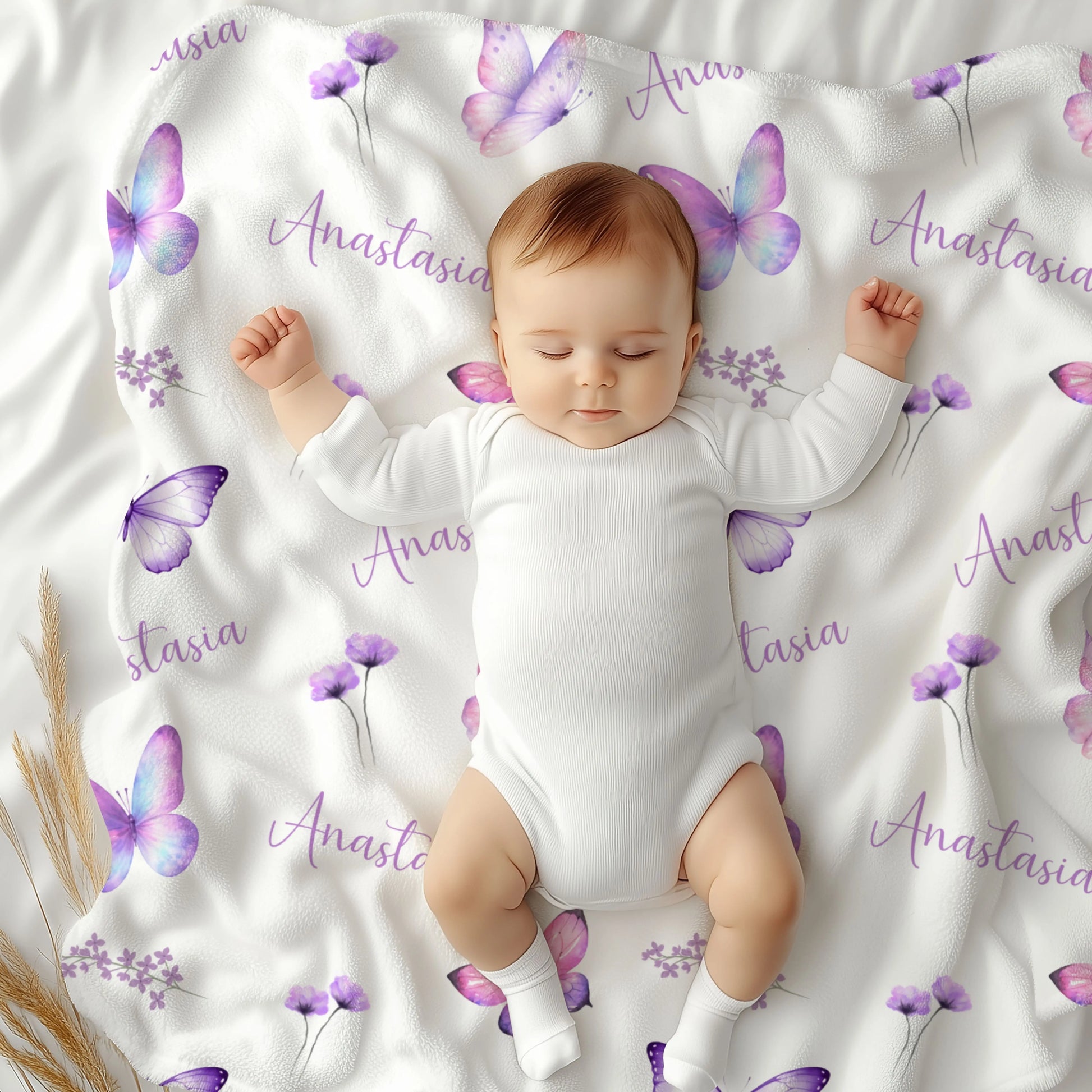 Personalized Purple Butterfly Name Blanket Printify