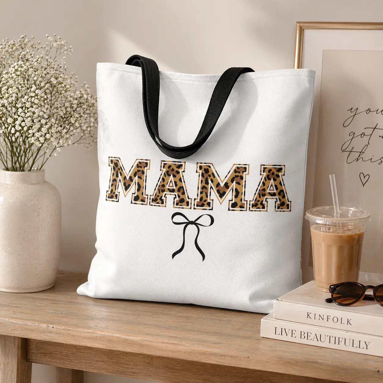 Mama Leopard Print Tote Bag with black bow Printify
