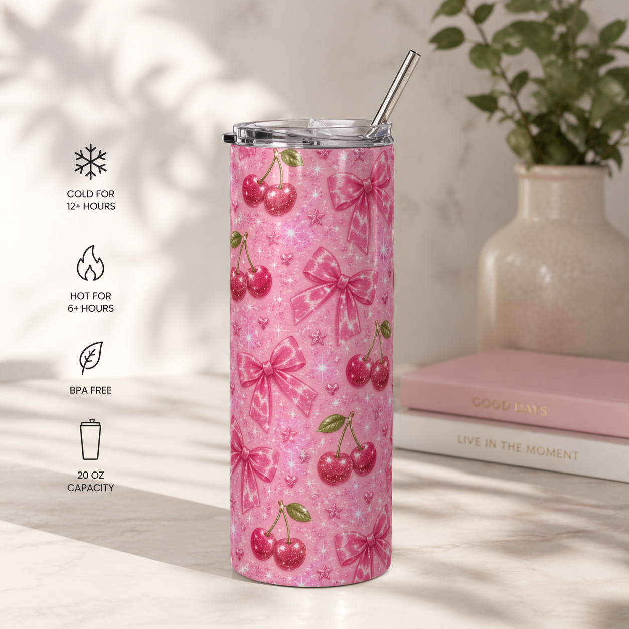 20oz Cherry Bow Stainless Steel Tumbler — Cherry and Bows Sparkle Cup with metal straw