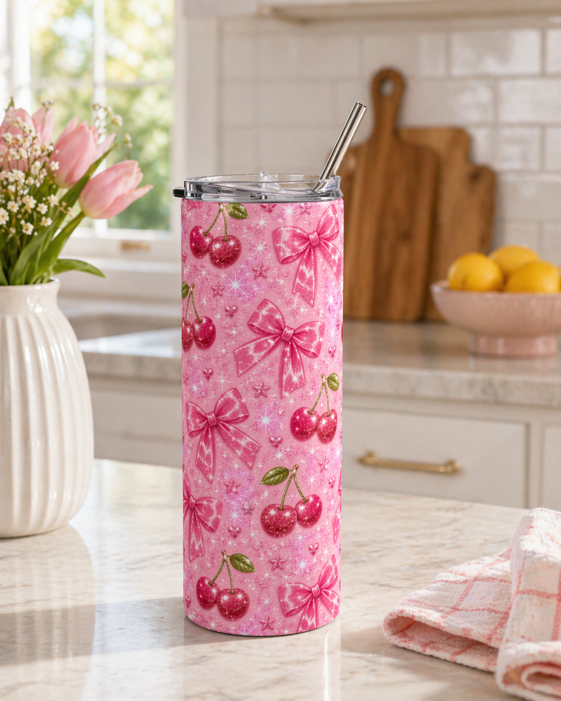 20oz Cherry Bow Stainless Steel Tumbler — Cherry and Bows Sparkle Cup with metal straw