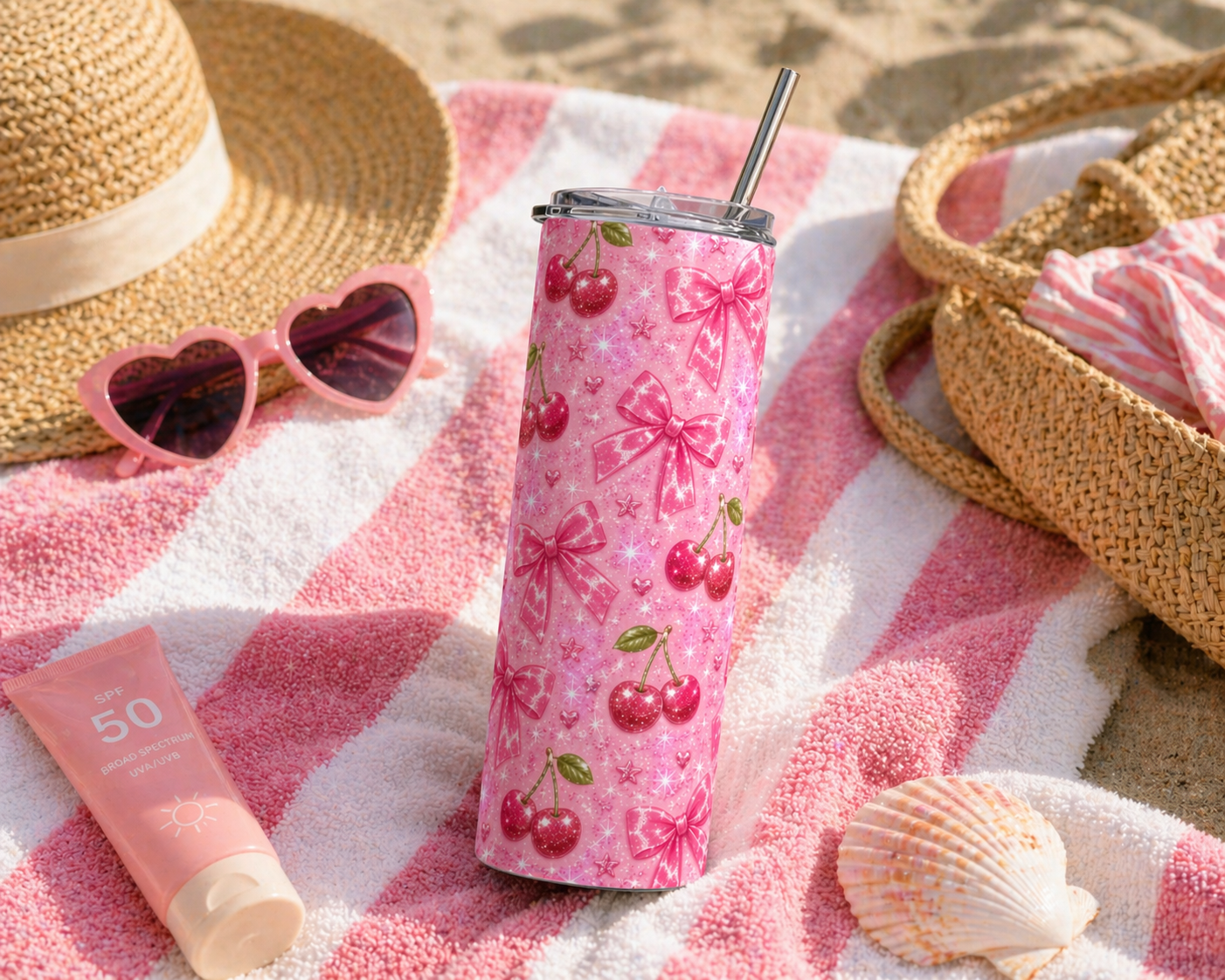 20oz Cherry Bow Stainless Steel Tumbler — Cherry and Bows Sparkle Cup with metal straw