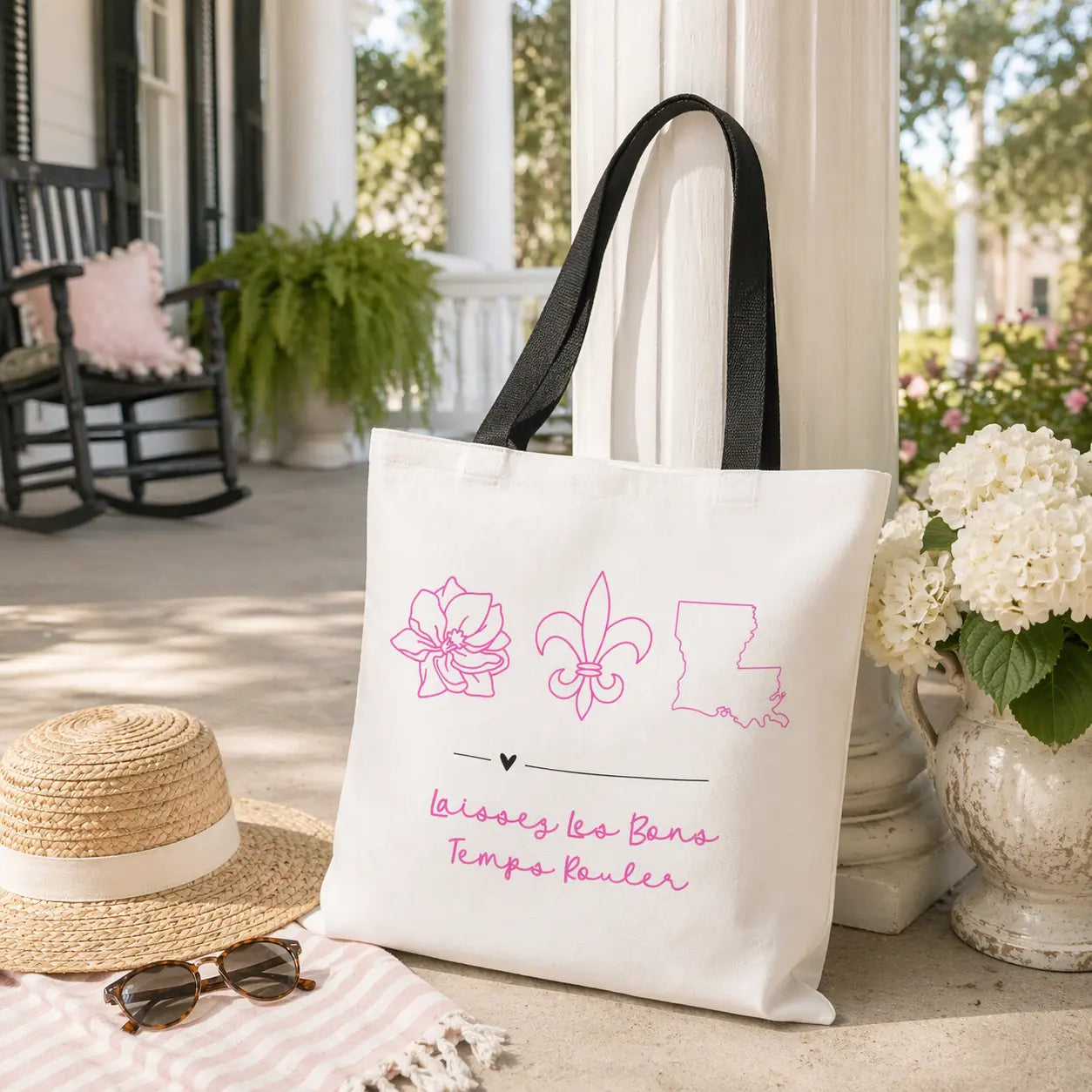 Tote Bag — Pink Louisiana Icons Floral Fleur-de-Lis Outline with "Laissez les Bons Temps Rouler" Printify