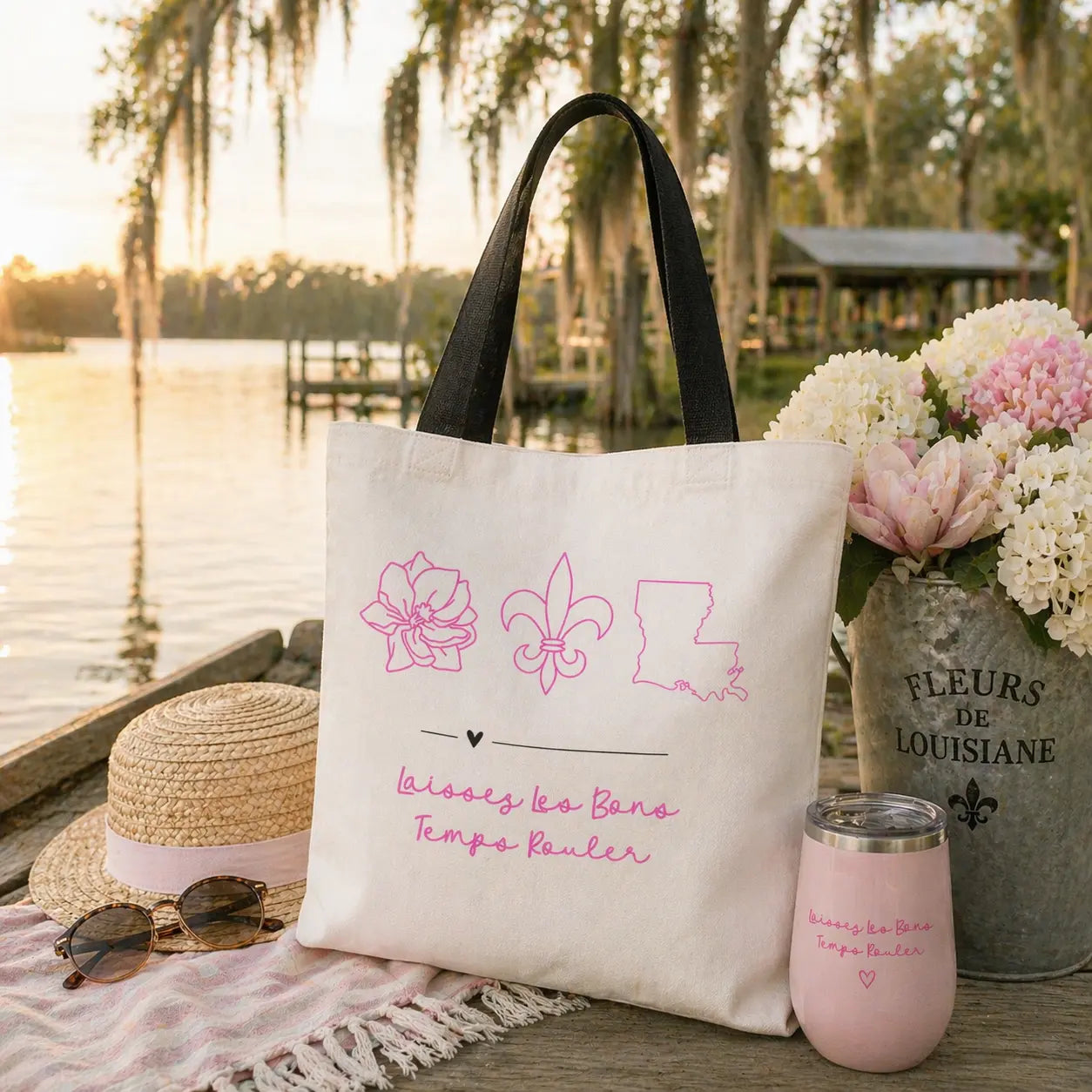 Tote Bag — Pink Louisiana Icons Floral Fleur-de-Lis Outline with "Laissez les Bons Temps Rouler" Printify