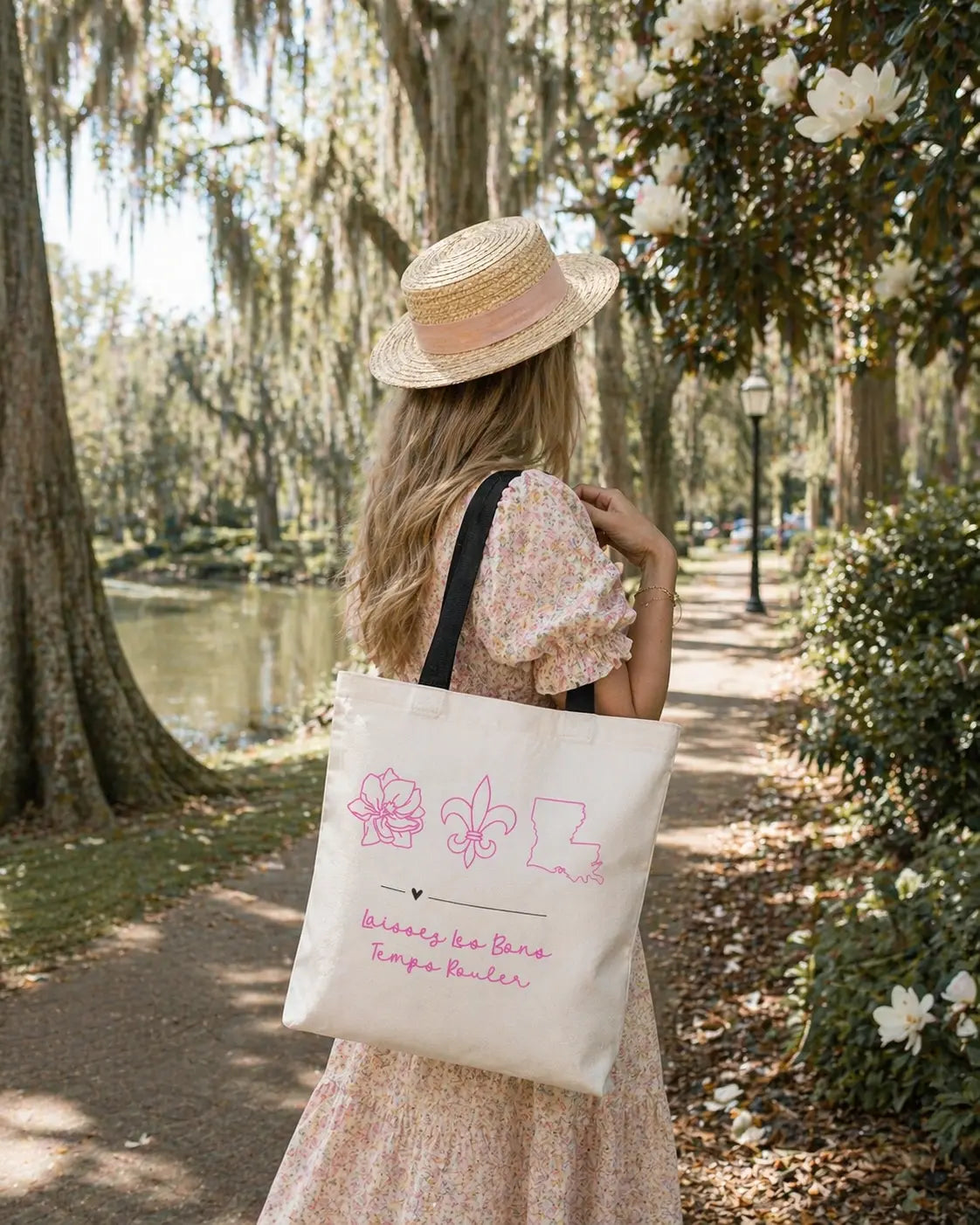 Tote Bag — Pink Louisiana Icons Floral Fleur-de-Lis Outline with "Laissez les Bons Temps Rouler" Printify