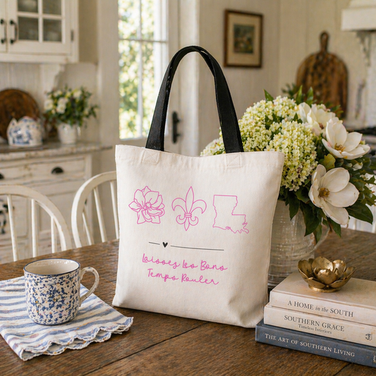 Tote Bag — Pink Louisiana Icons Floral Fleur-de-Lis Outline with "Laissez les Bons Temps Rouler"