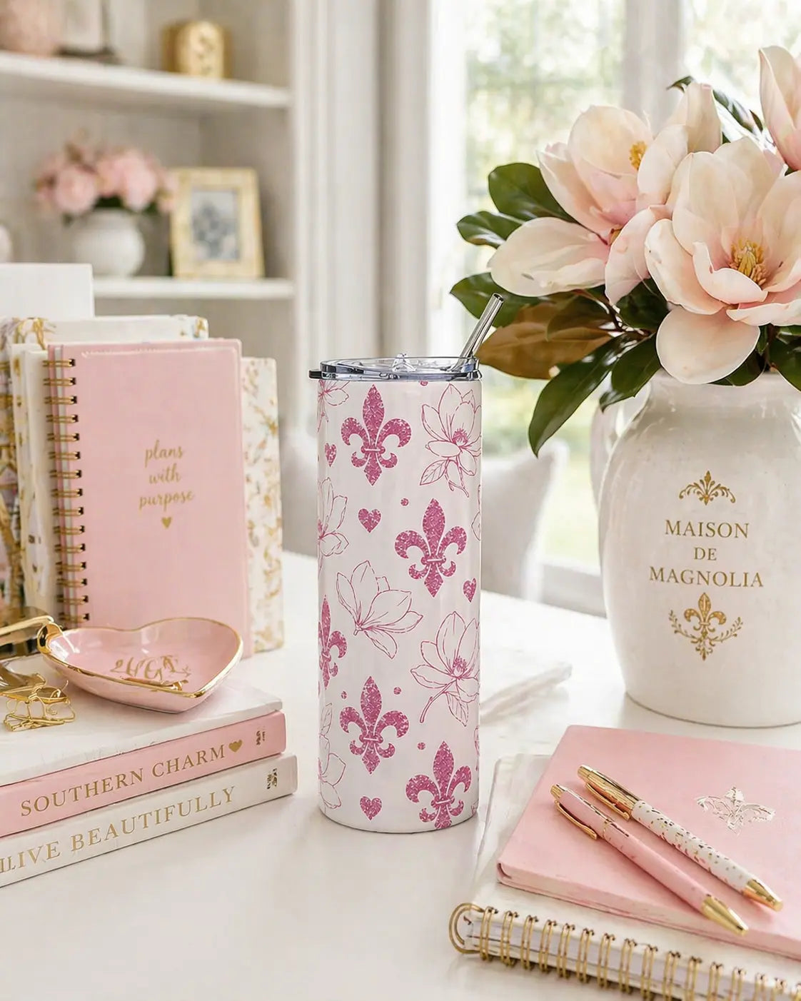 20oz Floral Fleur-de-Lis Stainless Steel Tumbler — Pink Magnolia Hearts Travel Cup Printify