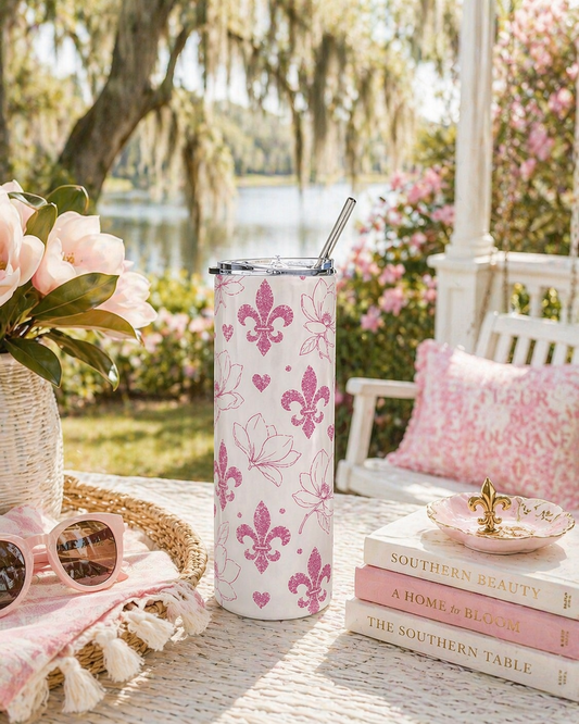 20oz Floral Fleur-de-Lis Stainless Steel Tumbler — Pink Magnolia Hearts Travel Cup