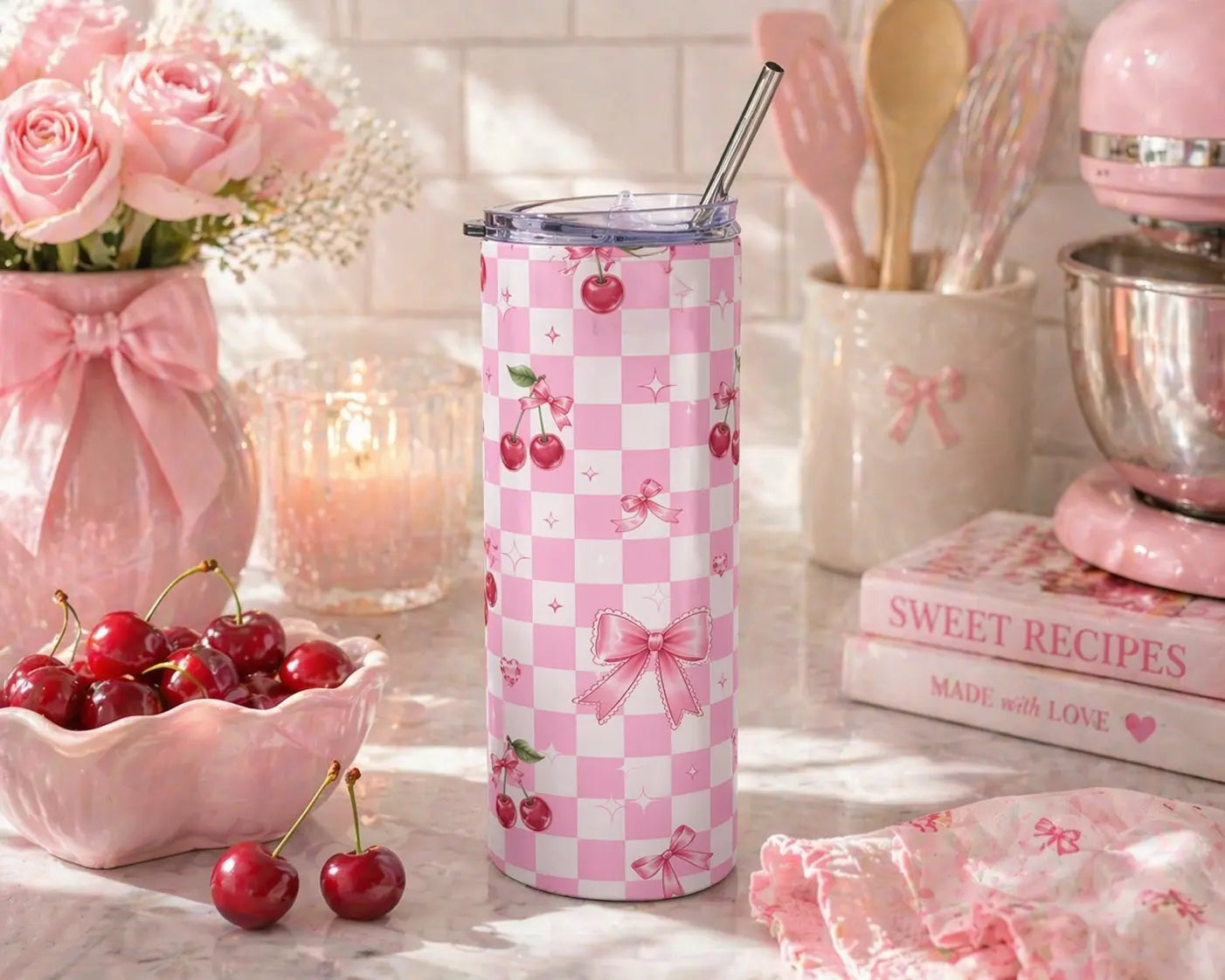 20oz Cherry Check Stainless Steel Tumbler Printify