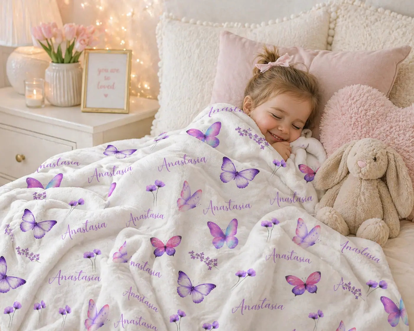 Personalized Purple Butterfly Name Blanket Printify