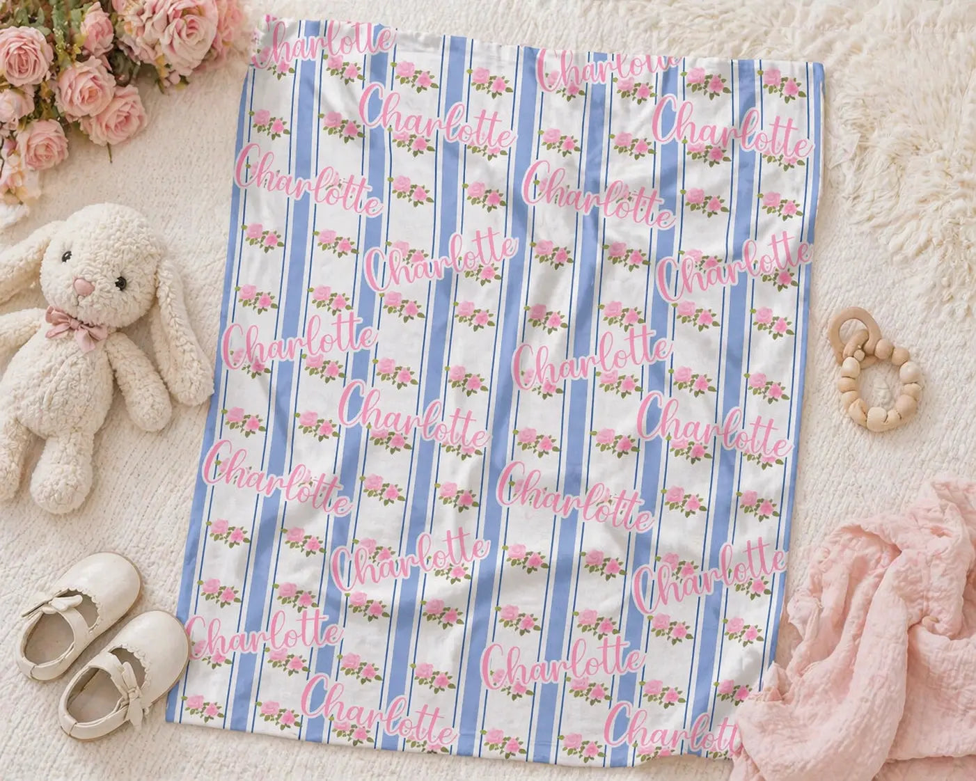 Personalized Blue Striped Name Blanket with roses Printify