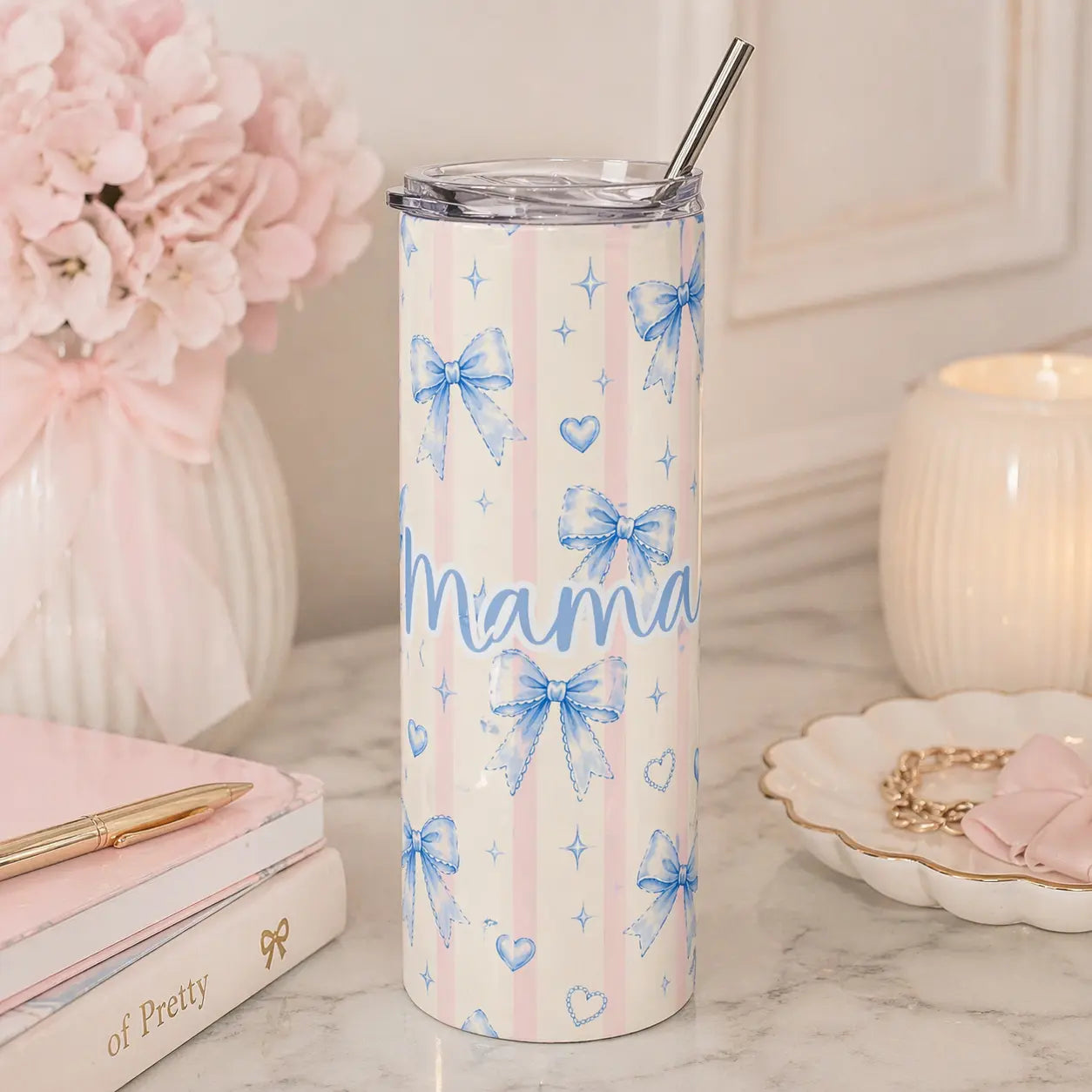 20oz Stainless Steel MAMA Tumbler | Pink stripes & Blue Bows Printify