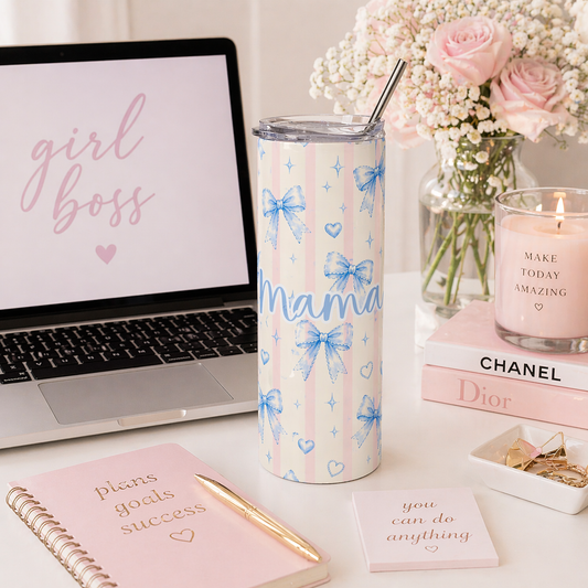 20oz Stainless Steel MAMA Tumbler | Pink stripes & Blue Bows