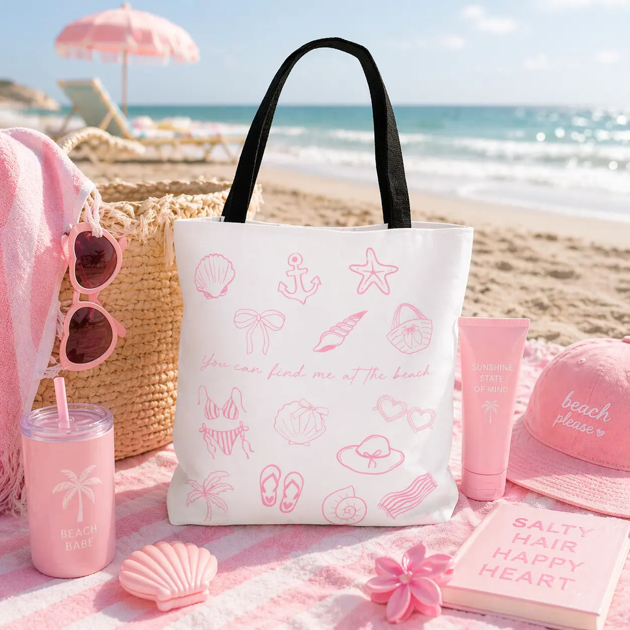 Beach Doodles Tote Bag – Pink Summer Icons AOP Printify