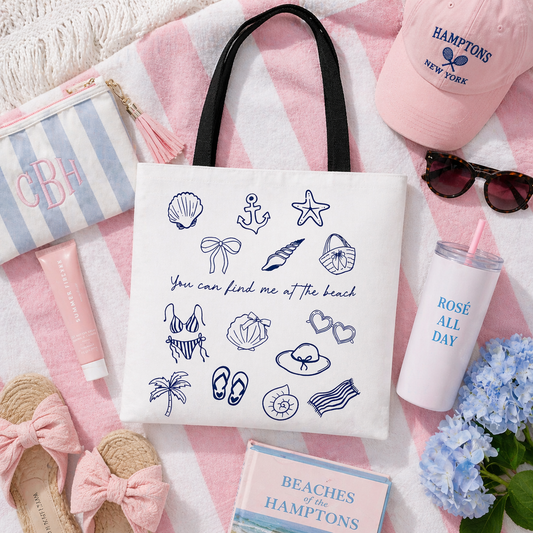 Beach Doodles Tote Bag — "You Can Find Me at the Beach" Canvas Tote