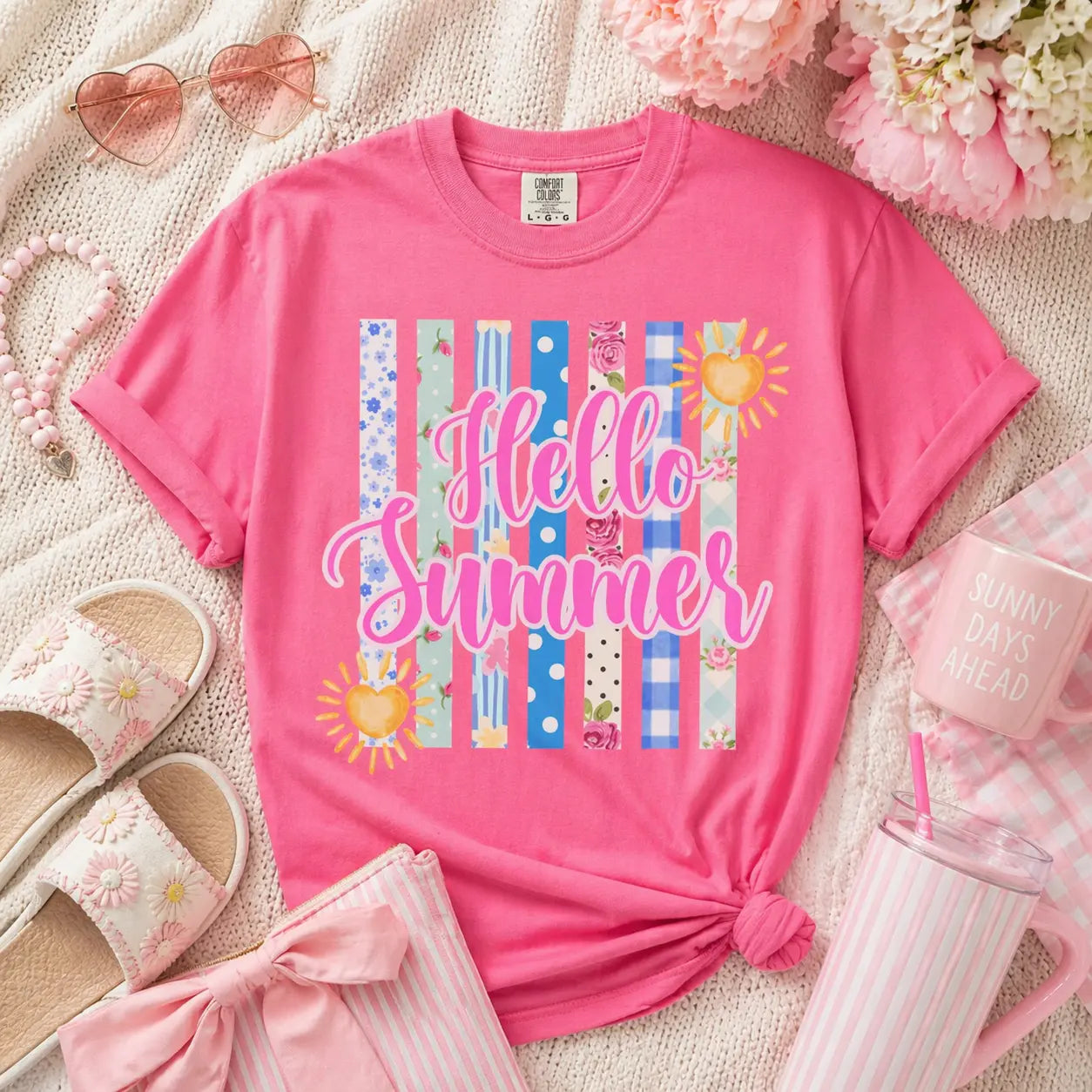 Hello Summer T-Shirt — Bright Beach Stripes & Sun Graphic Printify