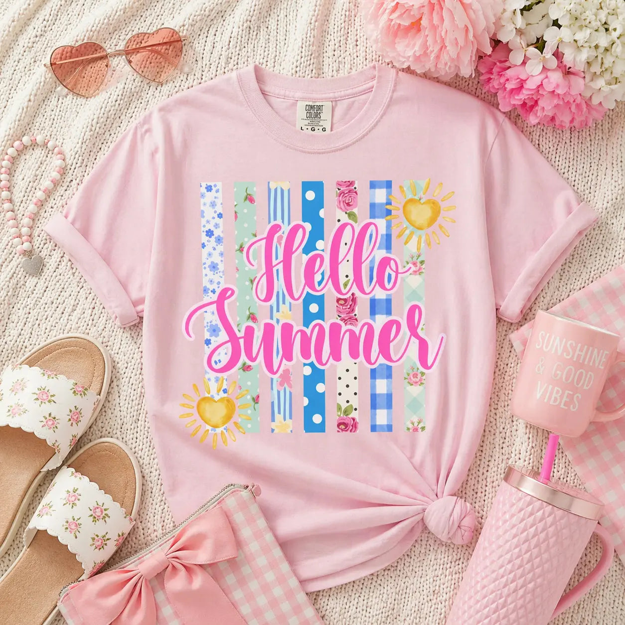 Hello Summer T-Shirt — Bright Beach Stripes & Sun Graphic Printify