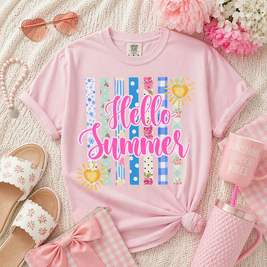 Hello Summer T-Shirt — Bright Beach Stripes & Sun Graphic