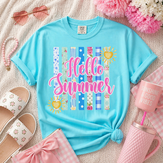 Hello Summer T-Shirt — Bright Beach Stripes & Sun Graphic