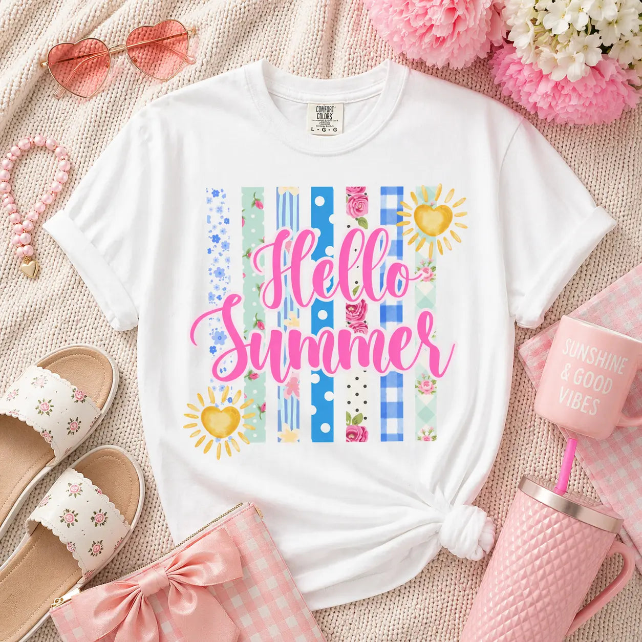 Hello Summer T-Shirt — Bright Beach Stripes & Sun Graphic Printify