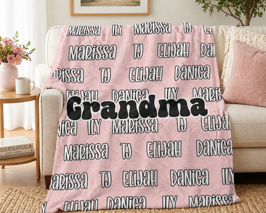 Personalized “Grandma” Velveteen Plush Blanket – Custom Grand Children Name Pattern